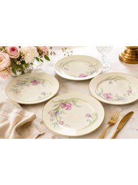 VTG 70s/80s Lenox Heiress Dinner Plates Set Of 4 Floral 10.75" Cream Gold Trim U